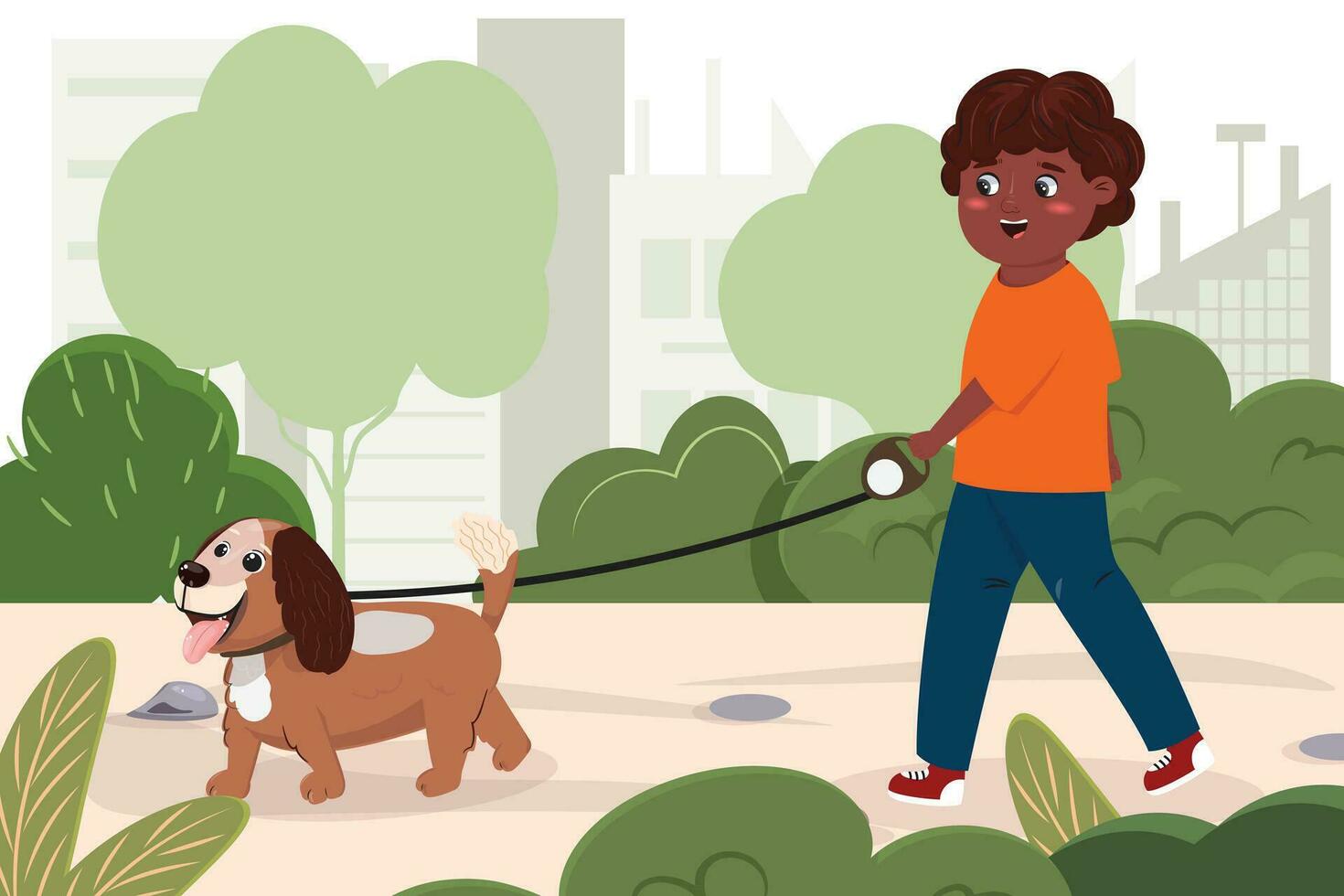 Cartoon flat illustration of a black boy walking his dog outside in the city park. vector