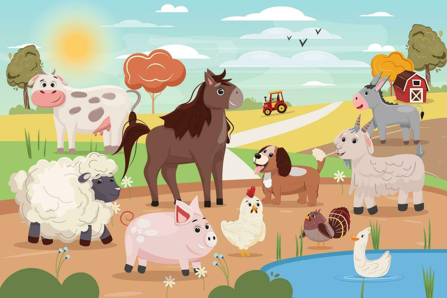 Agriculture summer illustration with farm animals. Vector illustration