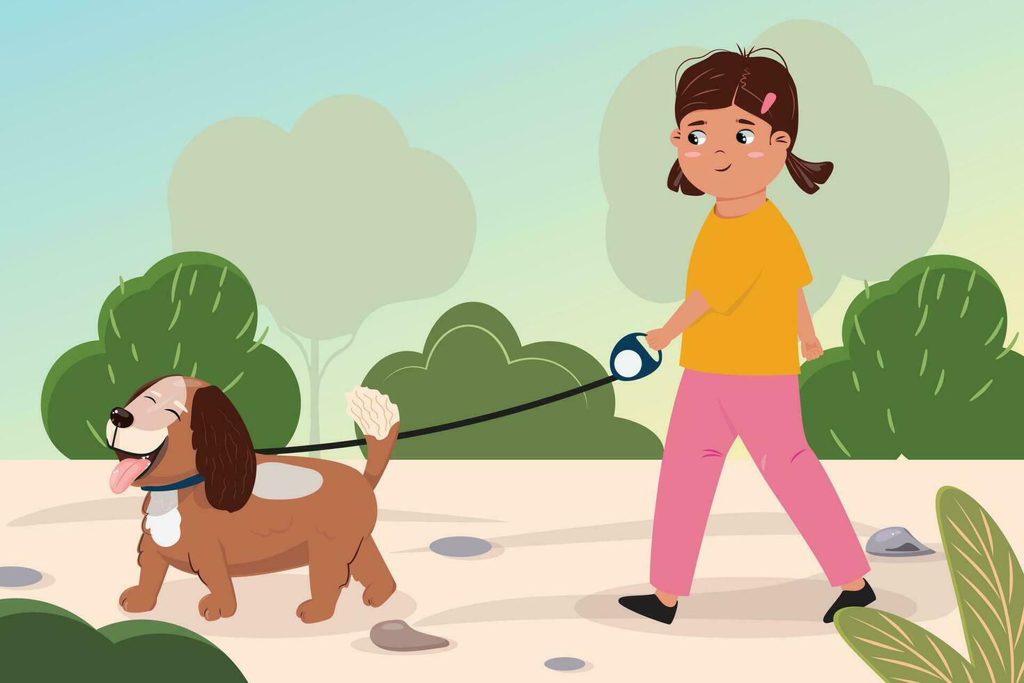 Flat cartoon illustration with a girl walking her dog outside in the park. Summer activity, leisure, care, love, having pets concept. vector