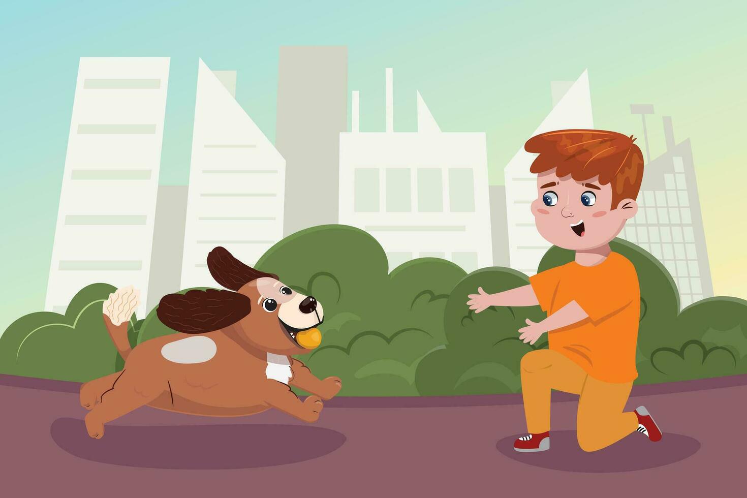 Flat cartoon illustration with a boy and dog playing with a ball outdoors. Pet, love, friendship, fun, leisure, tenderness, care concept illustration. vector
