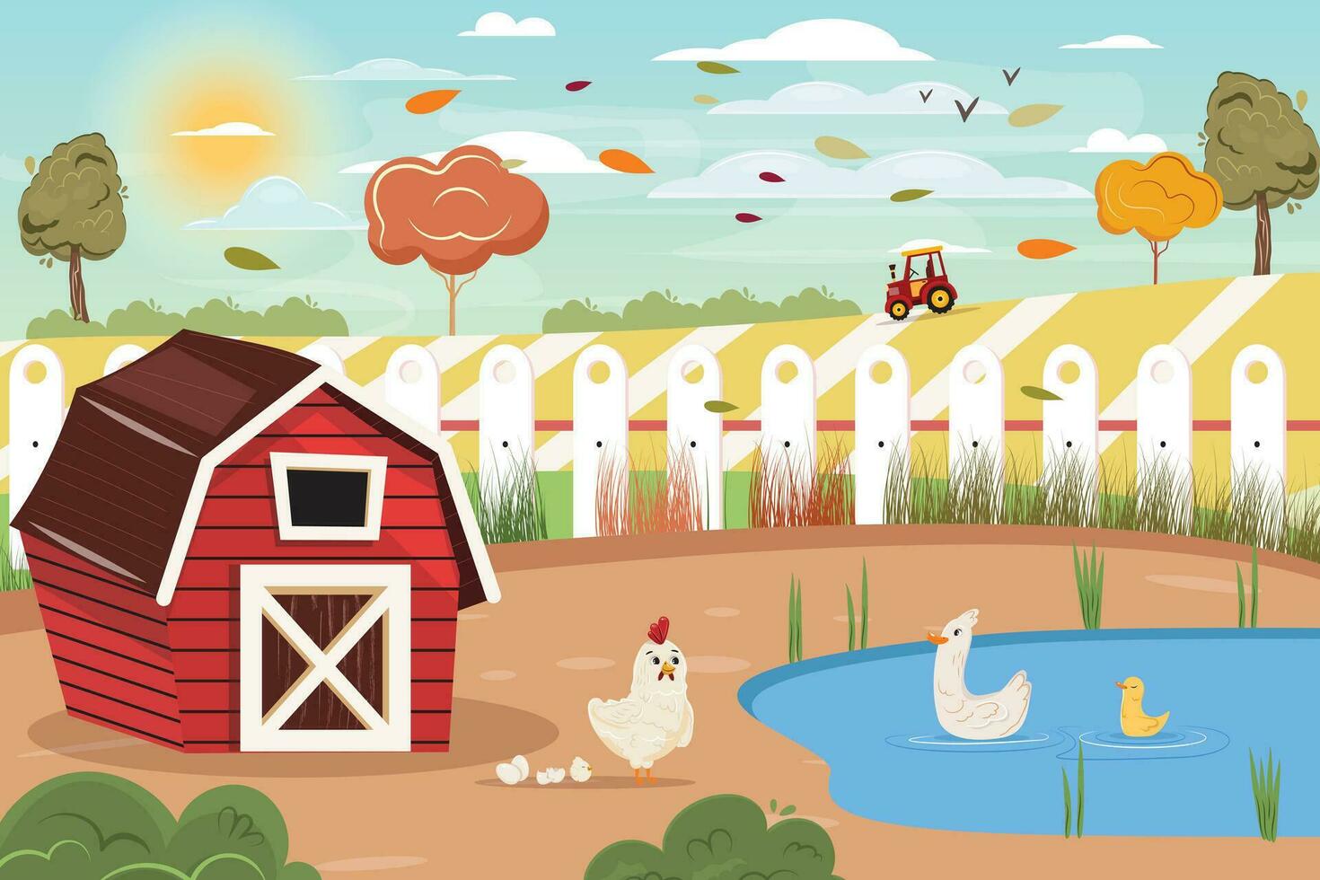 Cute flat cartoon illustration of farm birds, barn and harvest fields on the background with a red tractor and beautiful sky. Colourful fall farm illustration with birds. vector