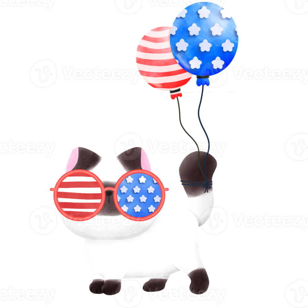 Happy 4th of July cute cat watercolor Illustration element png