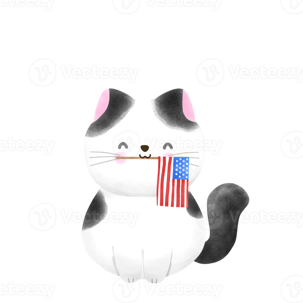 Happy 4th of July cute cat watercolor Illustration png