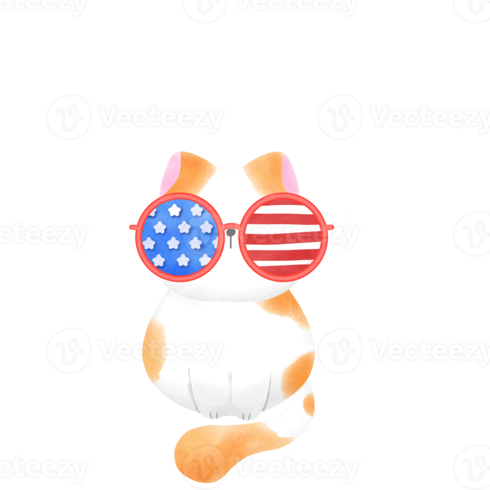 Happy 4th of July cute cat watercolor Illustration png