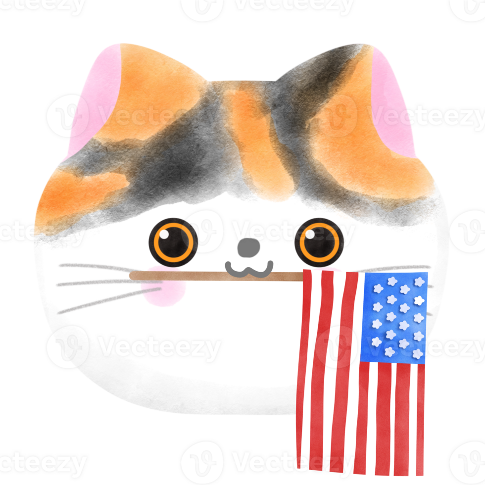 Happy 4th of July cute cat watercolor Illustration png