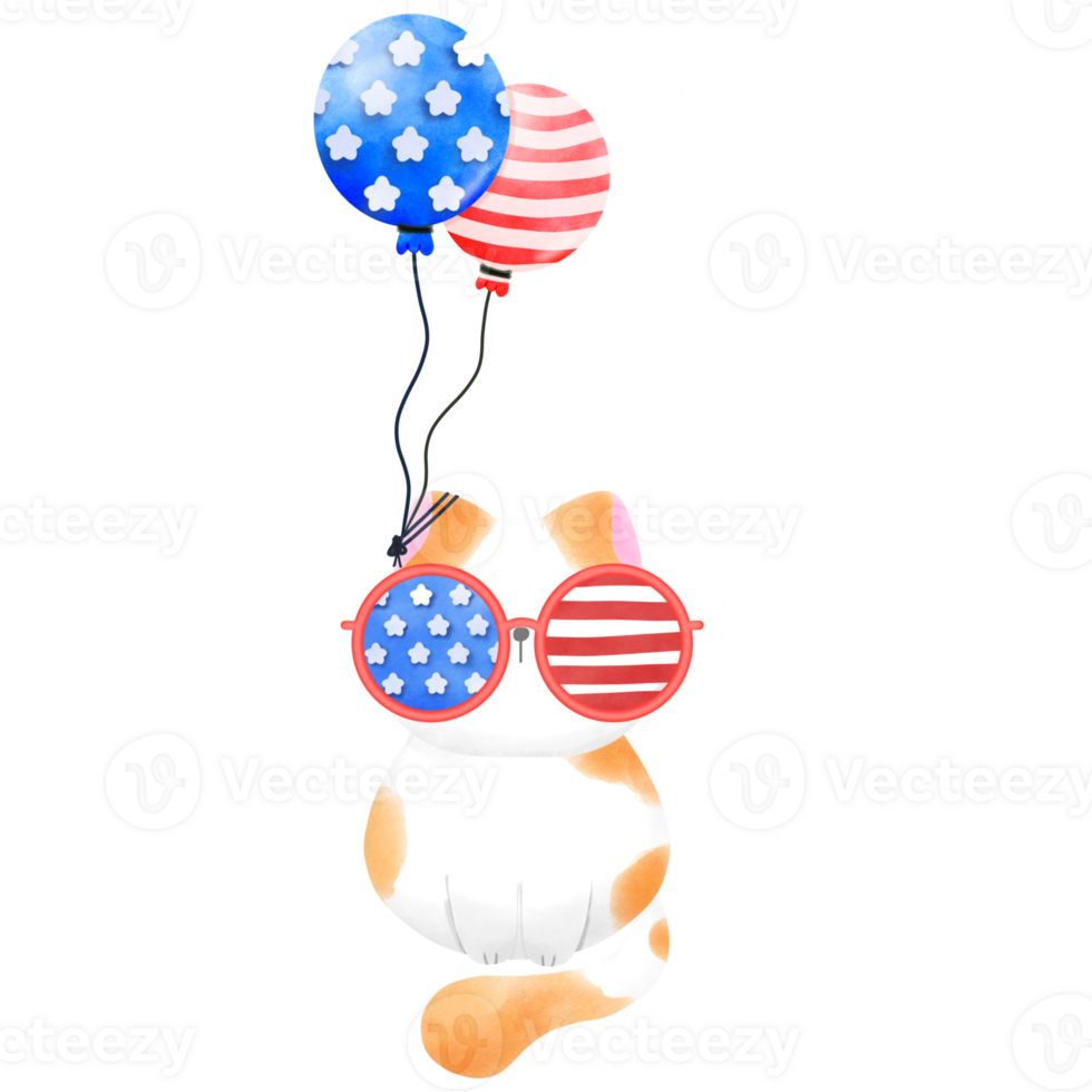 Happy 4th of July cute cat watercolor Illustration element png