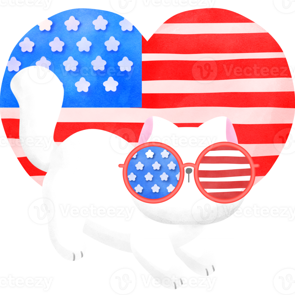 Happy 4th of July cute cat watercolor Illustration element png