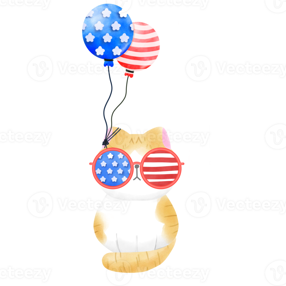 Happy 4th of July cute cat watercolor Illustration element png