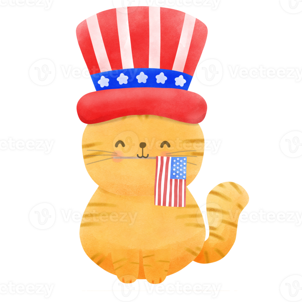 Happy 4th of July cute cat watercolor Illustration element png