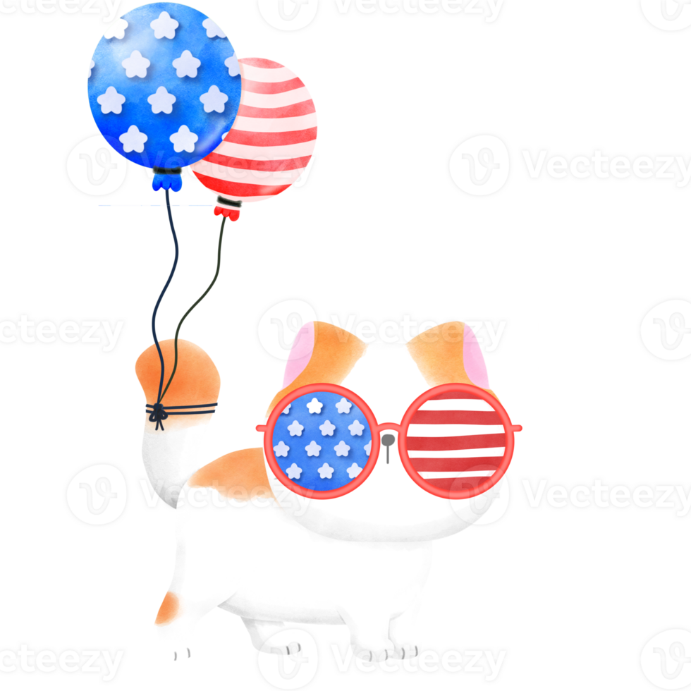 Happy 4th of July cute cat watercolor Illustration element png