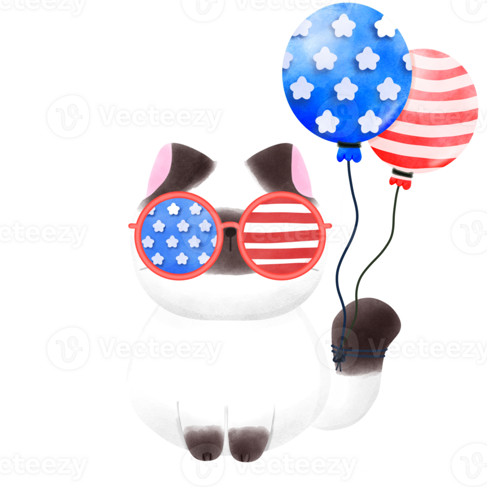 Happy 4th of July cute cat watercolor Illustration element png