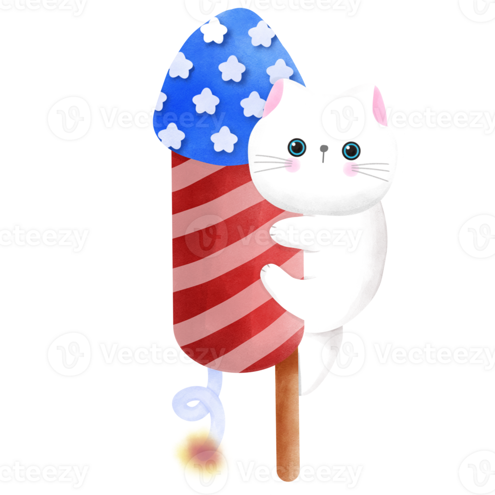 Happy 4th of July cute cat watercolor Illustration element png