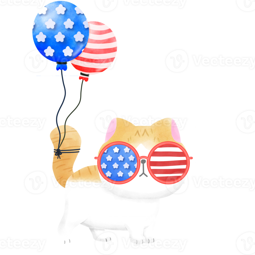 Happy 4th of July cute cat watercolor Illustration element png