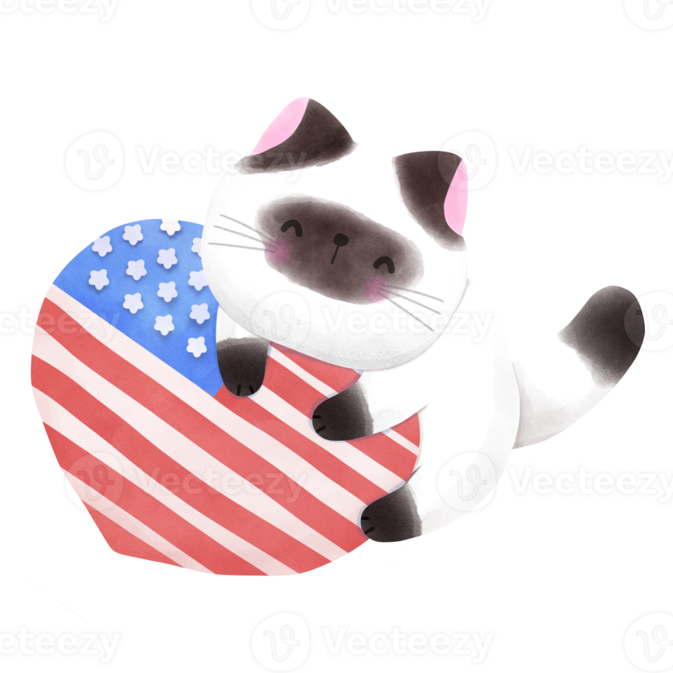Happy 4th of July cute cat watercolor Illustration element png
