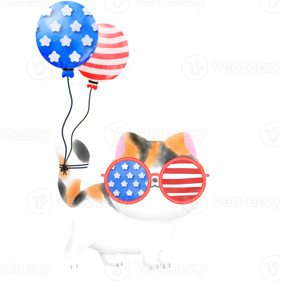 Happy 4th of July cute cat watercolor Illustration png