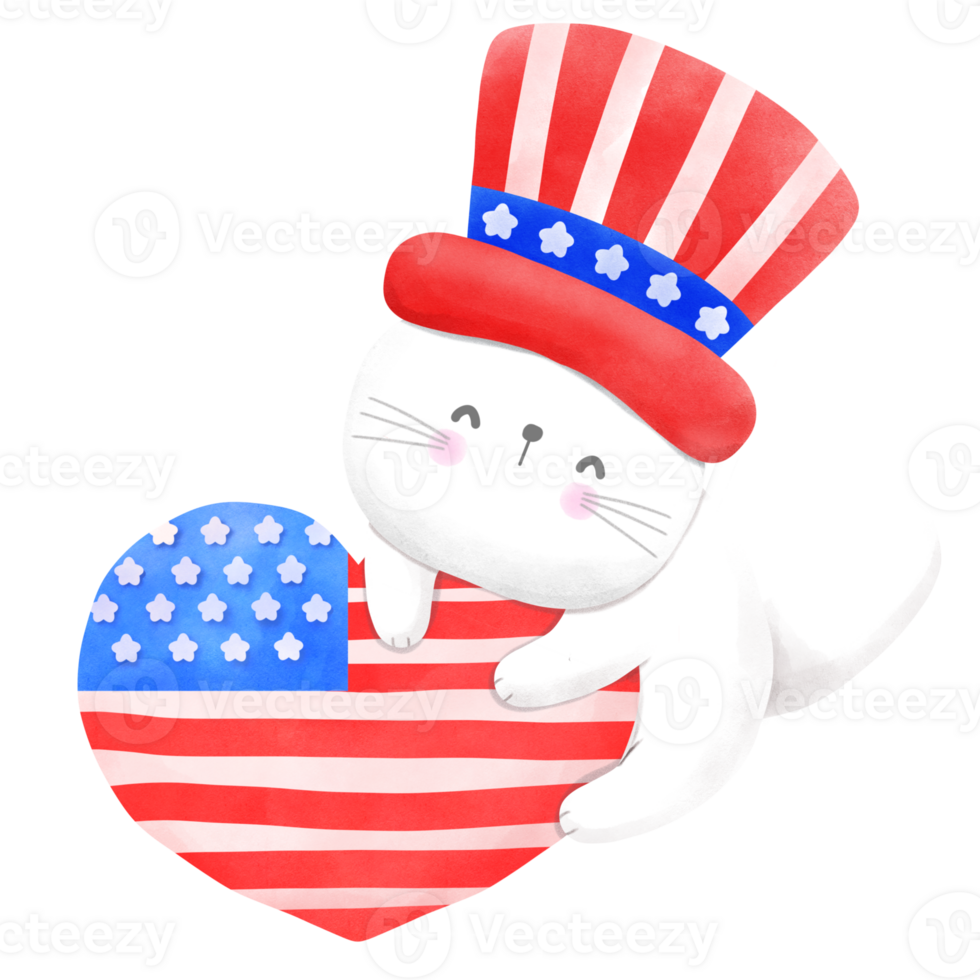 Happy 4th of July cute cat watercolor Illustration png