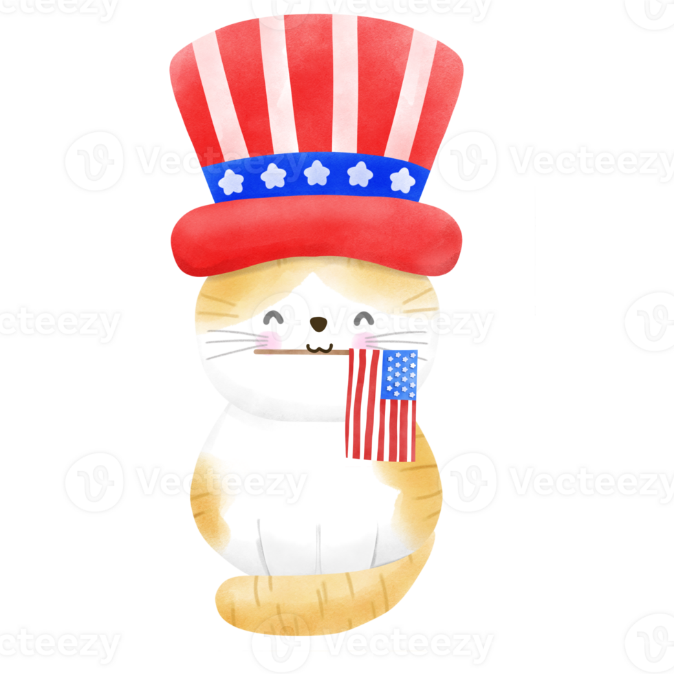 Happy 4th of July cute cat watercolor Illustration png
