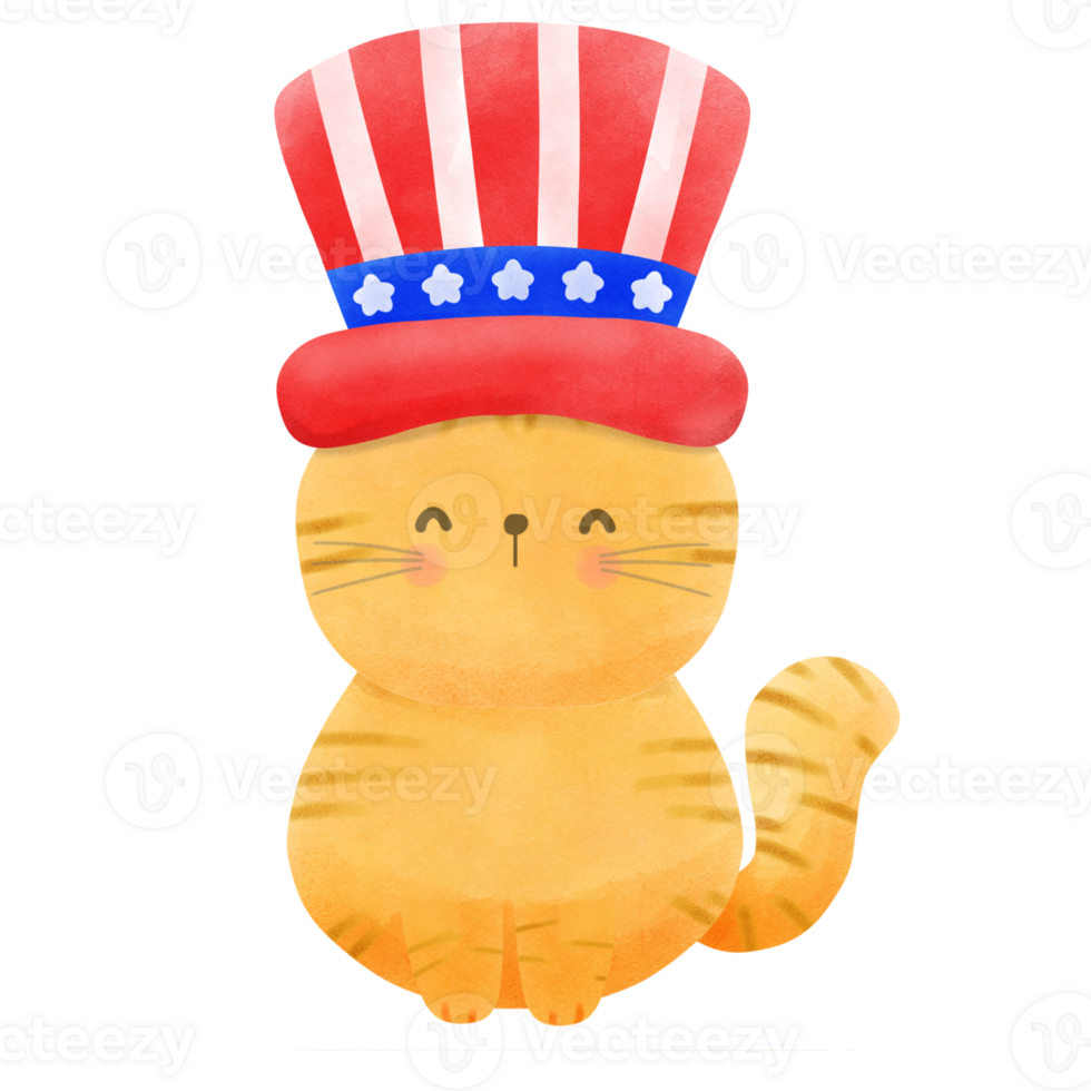 Happy 4th of July cute cat watercolor Illustration png