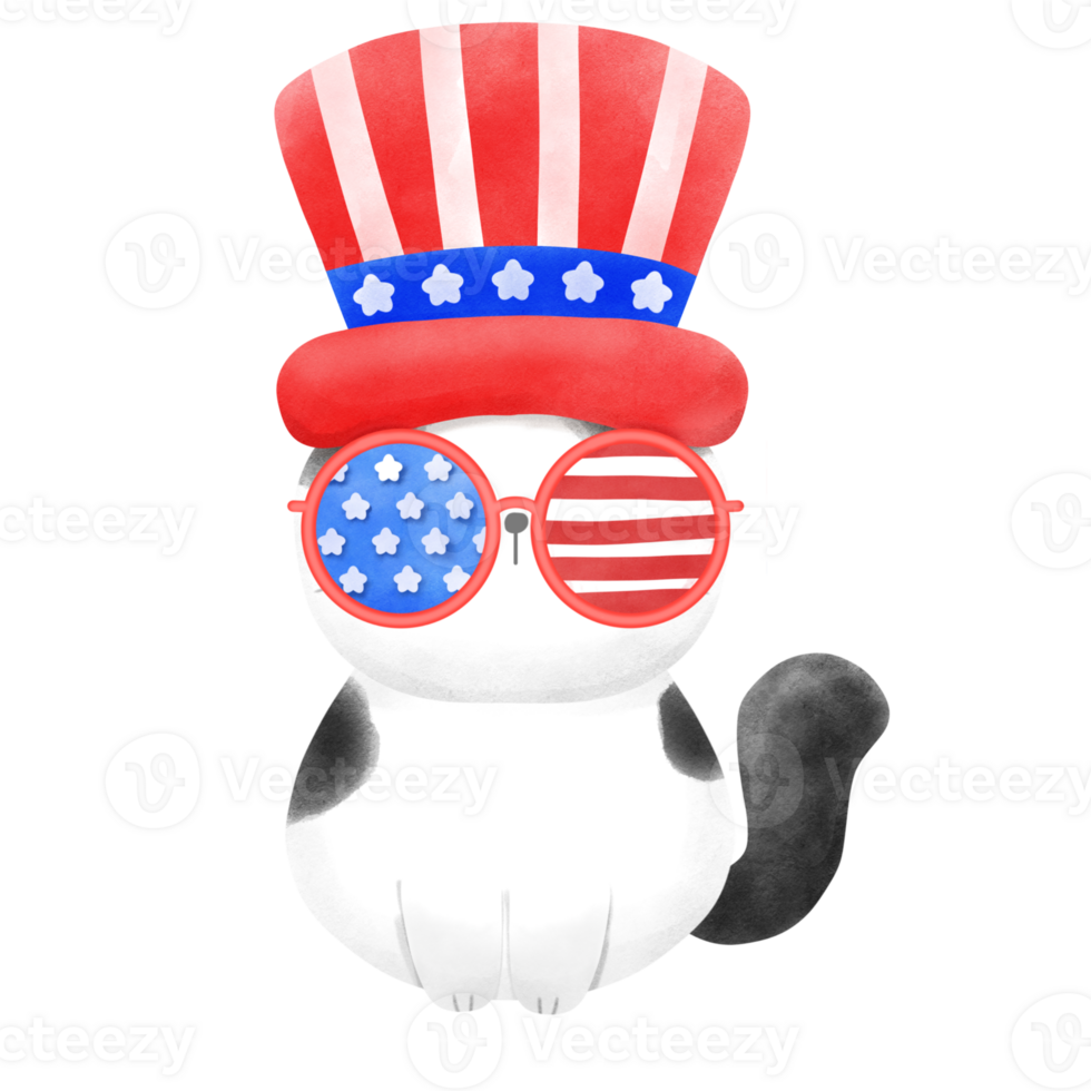 Happy 4th of July cute cat watercolor Illustration png