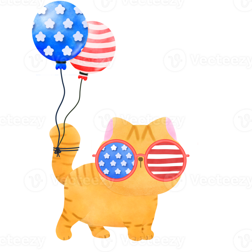 Happy 4th of July cute cat watercolor Illustration png