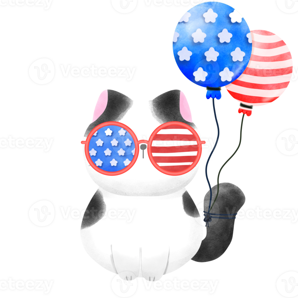 Happy 4th of July cute cat watercolor Illustration element png