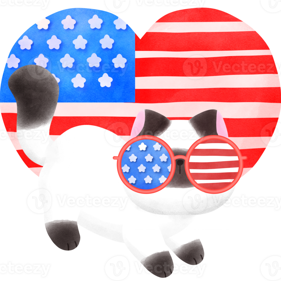Happy 4th of July cute cat watercolor Illustration png