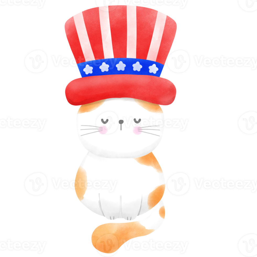 Happy 4th of July cute cat watercolor Illustration png