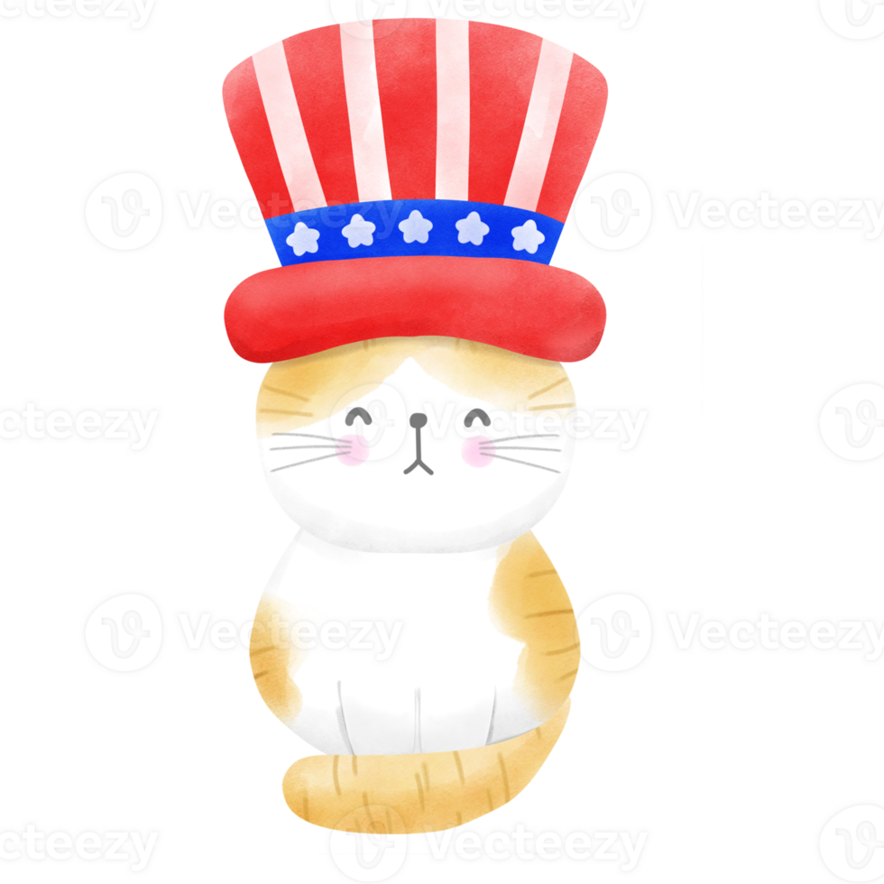 Happy 4th of July cute cat watercolor Illustration png