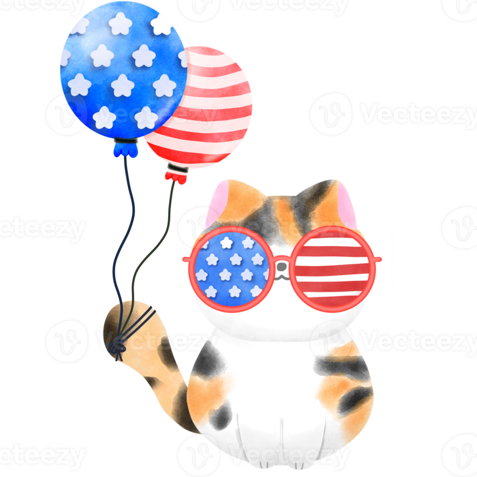 Happy 4th of July cute cat watercolor Illustration png