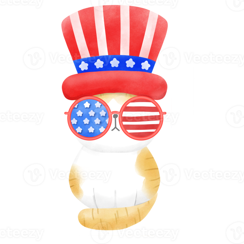 Happy 4th of July cute cat watercolor Illustration png