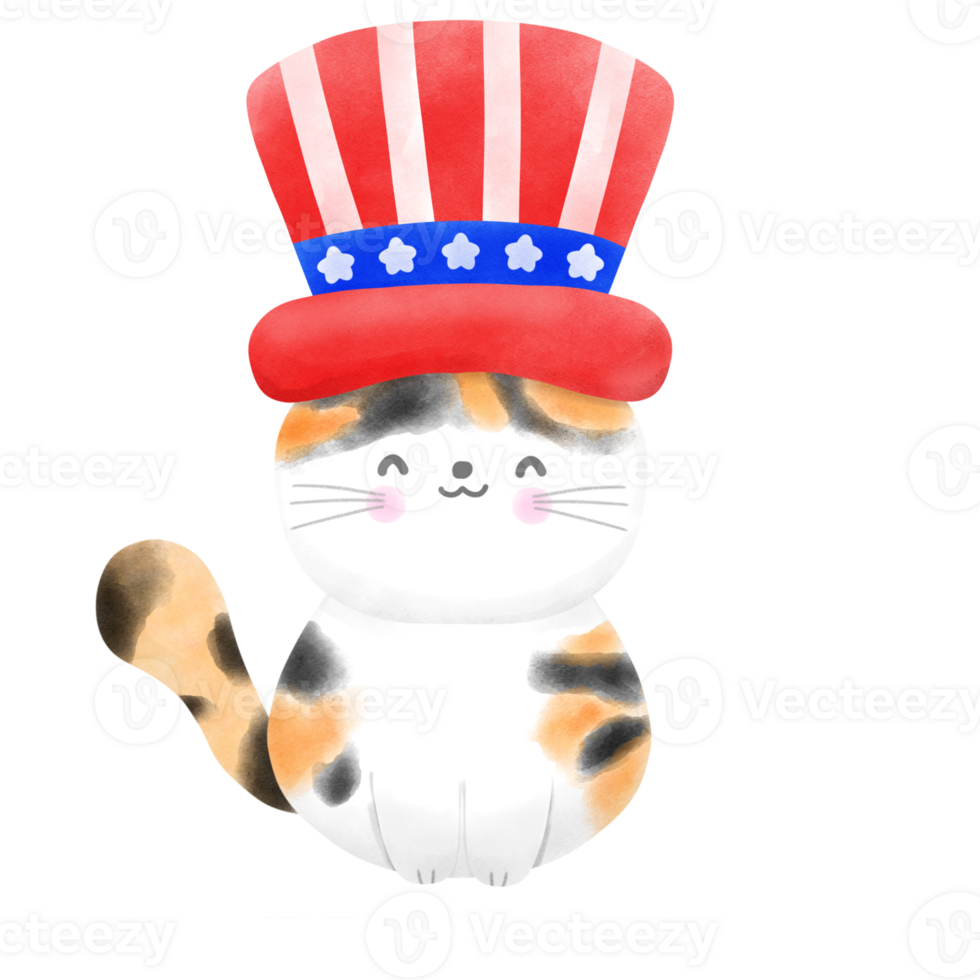 Happy 4th of July cute cat watercolor Illustration png