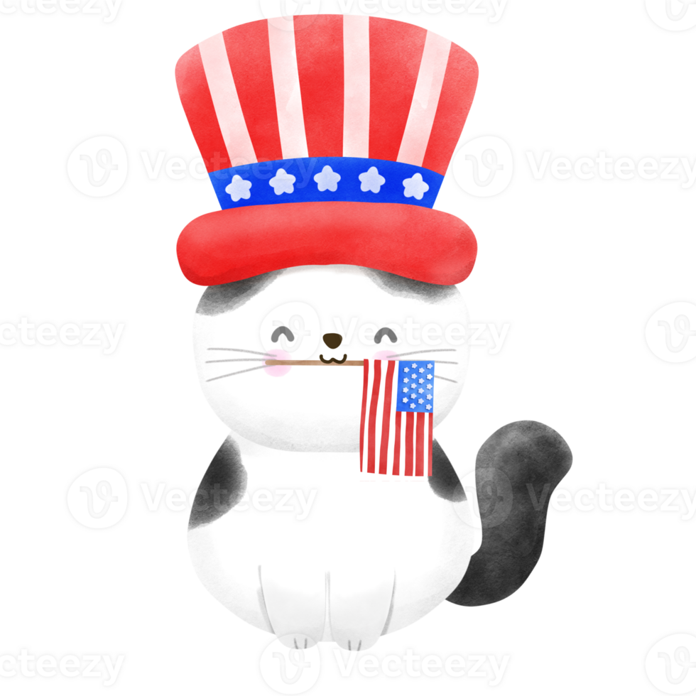 Happy 4th of July cute cat watercolor Illustration png