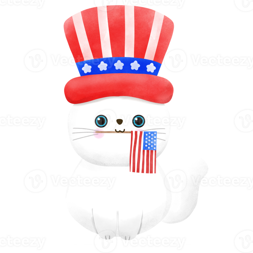 Happy 4th of July cute cat watercolor Illustration png