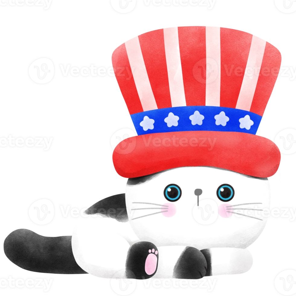 Happy 4th of July cute cat watercolor Illustration png