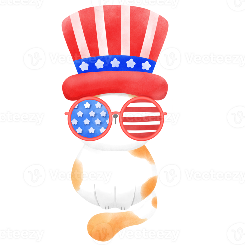Happy 4th of July cute cat watercolor Illustration png