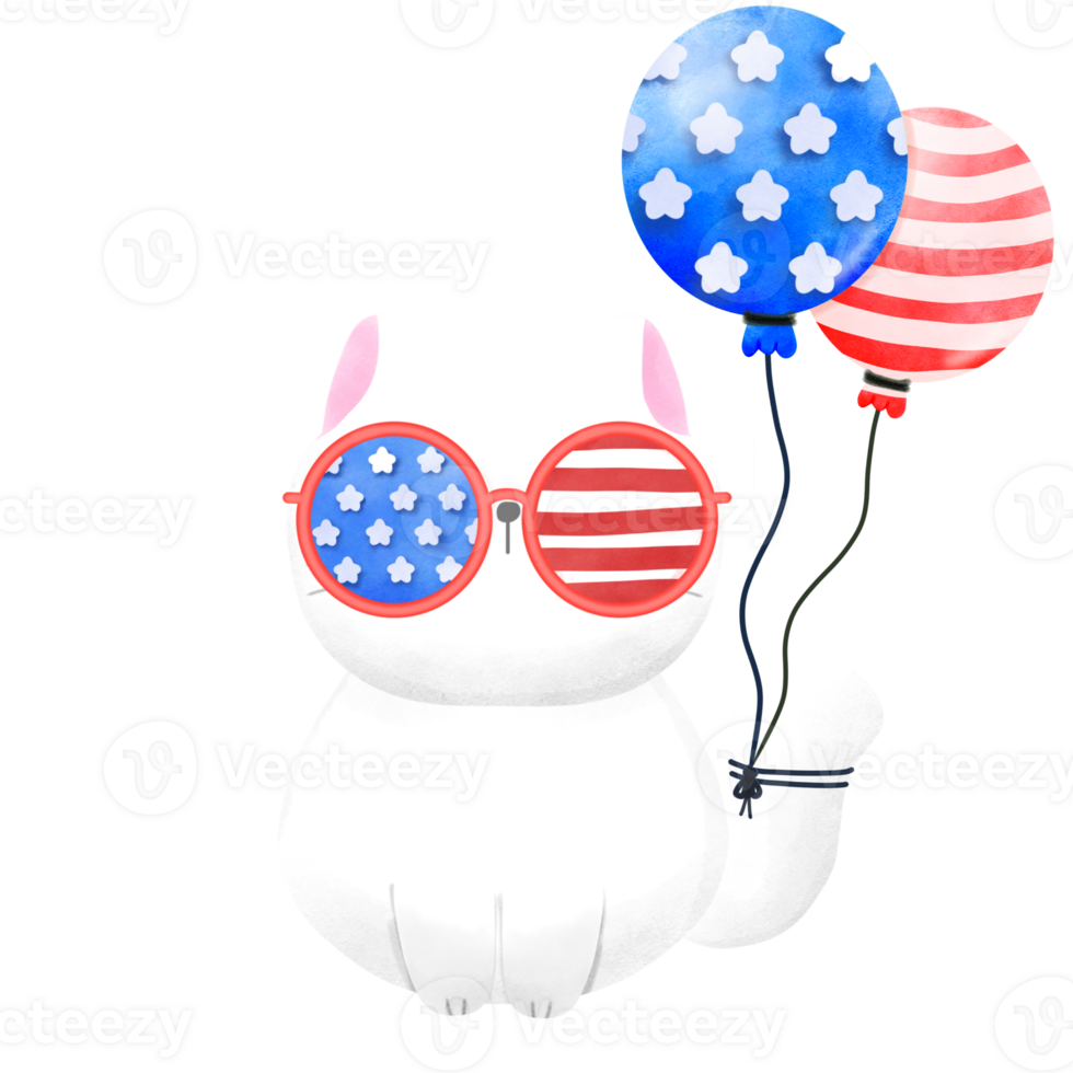 Happy 4th of July cute cat watercolor Illustration png