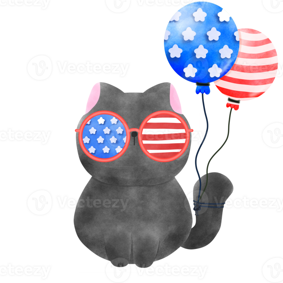Happy 4th of July cute cat watercolor Illustration png