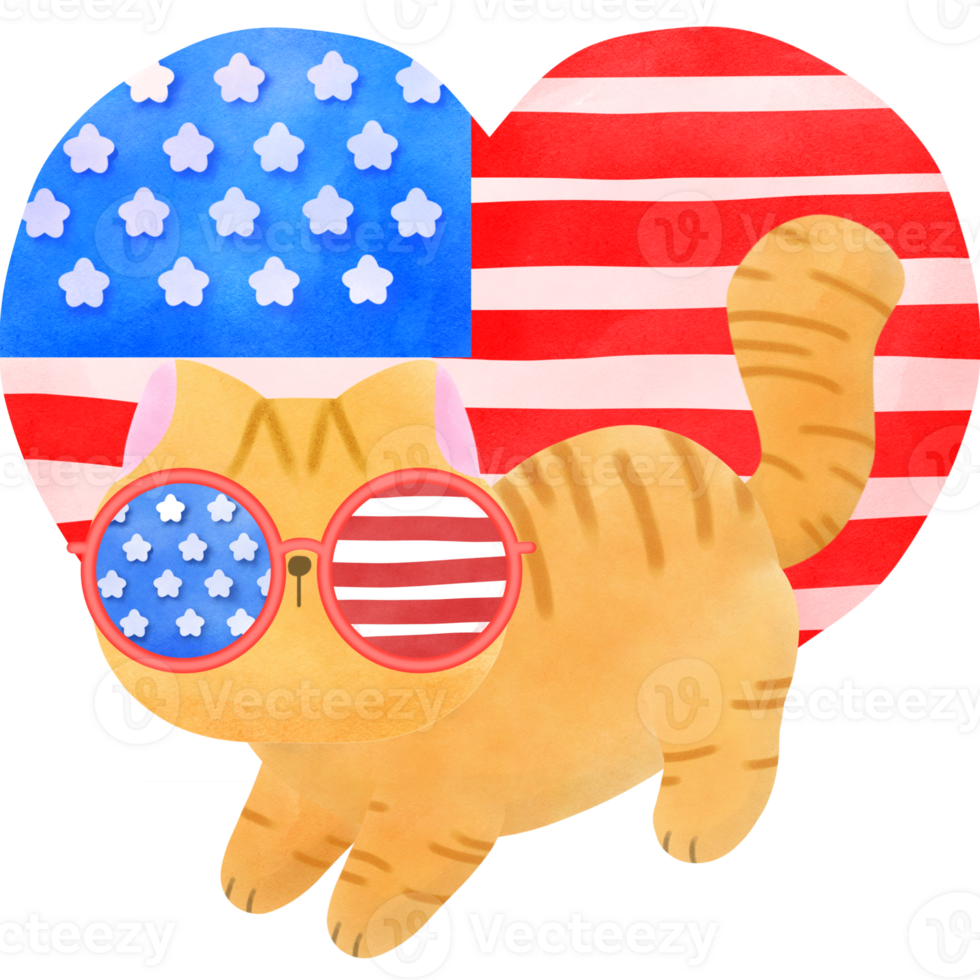 Happy 4th of July cute cat watercolor Illustration png