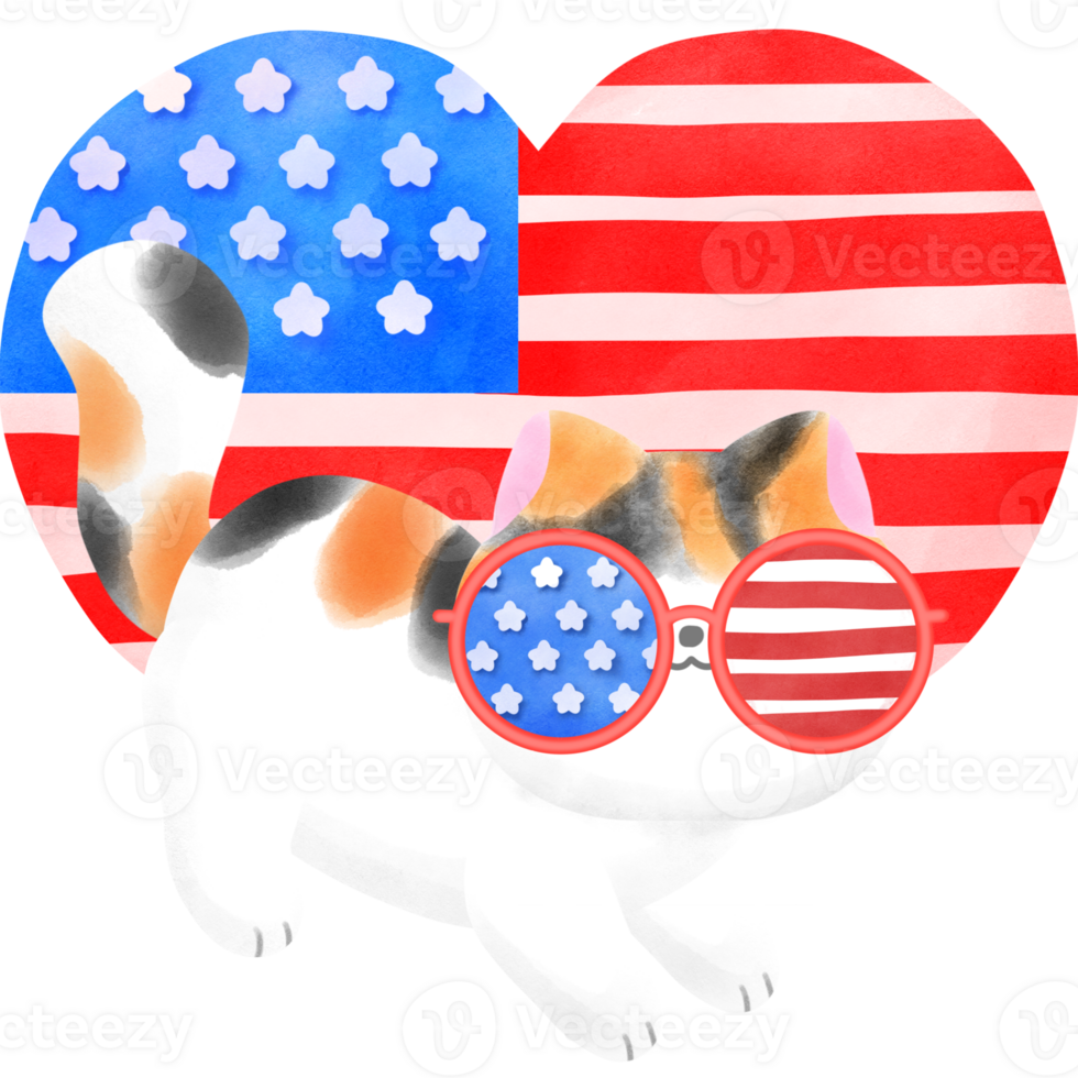 Happy 4th of July cute cat watercolor Illustration png