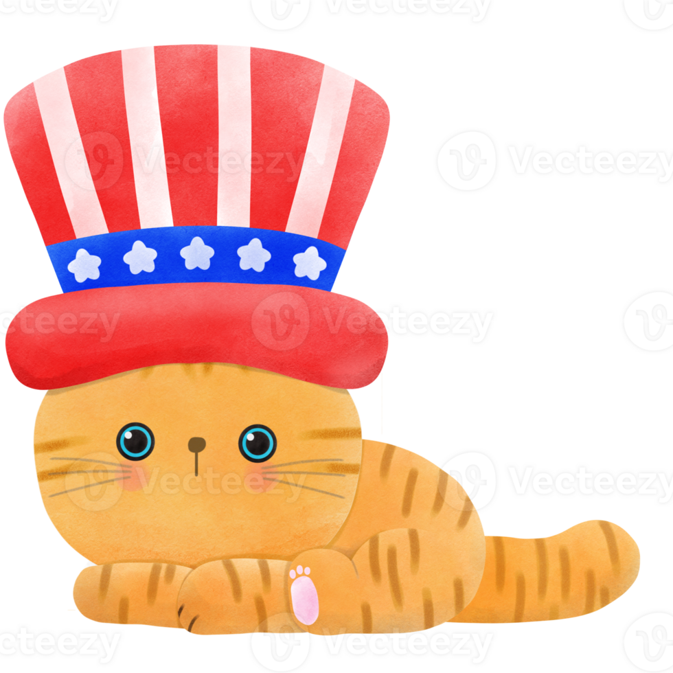 Happy 4th of July cute cat watercolor Illustration element png
