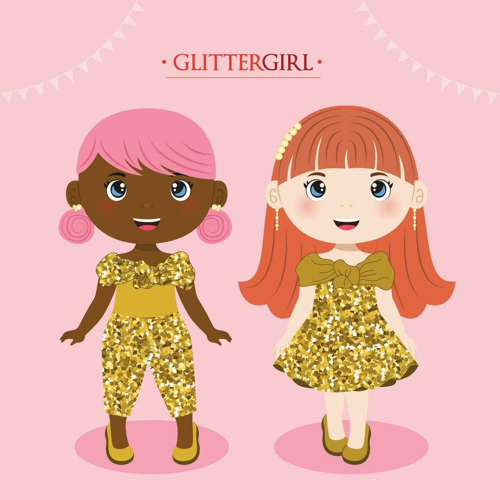A bundle of two girls in glitter dress vector