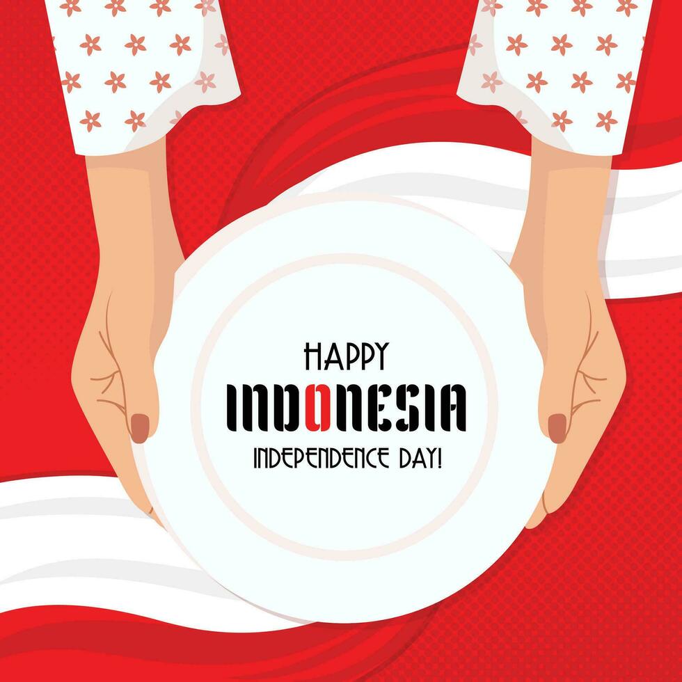 Happy Indonesia Independence day square poster with hands holding plate or sign vector