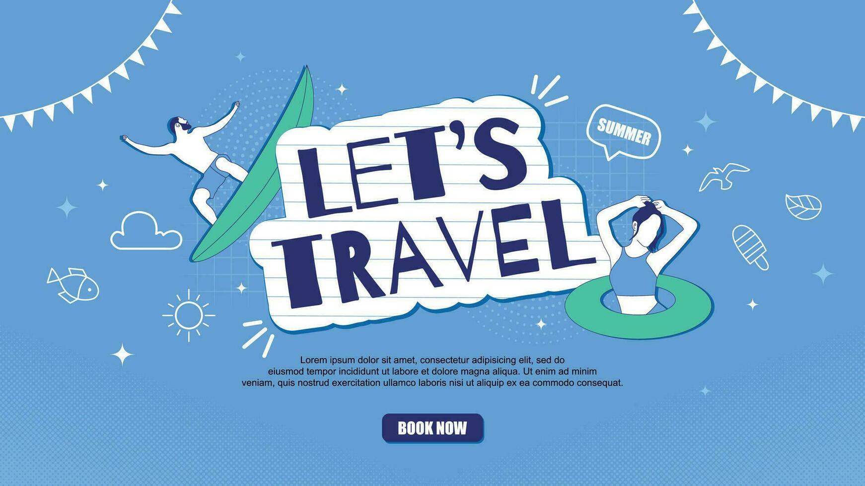 Flat travel banner concept with water sport activity illustration vector