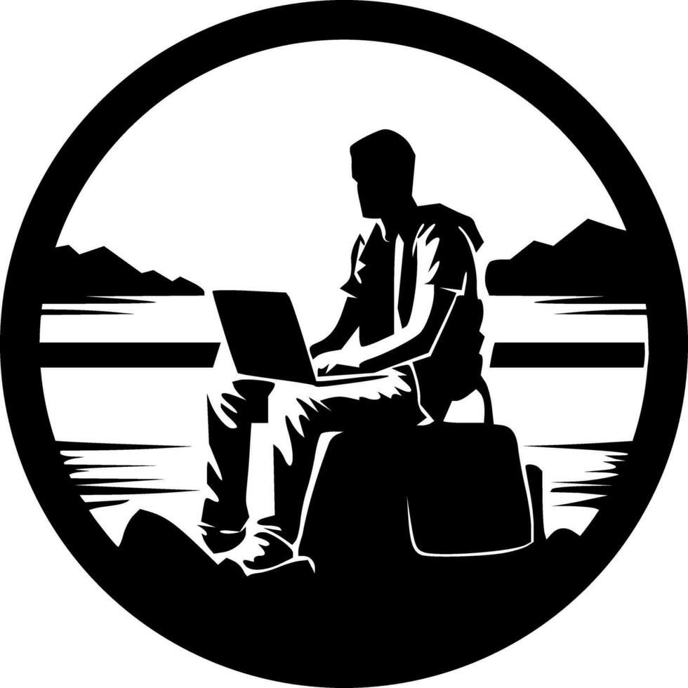Digital nomad sitting in nature black outlines circle vector illustration