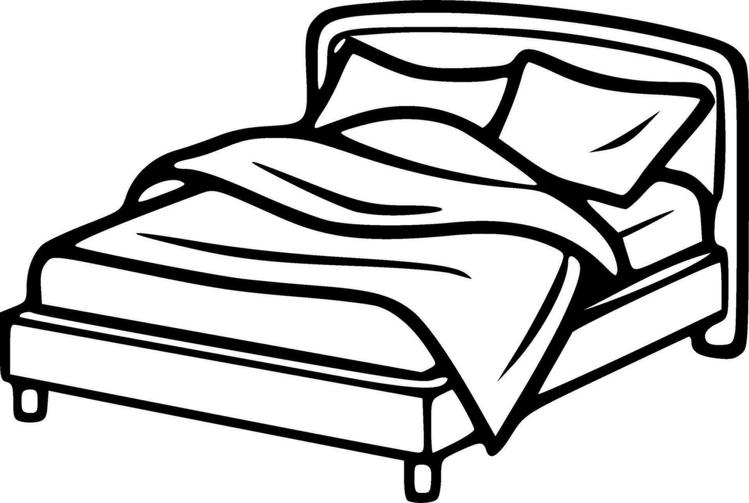 Bed with pillows and blanket black outlines vector illustration