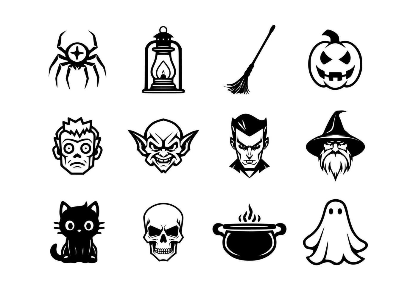 Halloween october horror set black outlines vector illustration icons