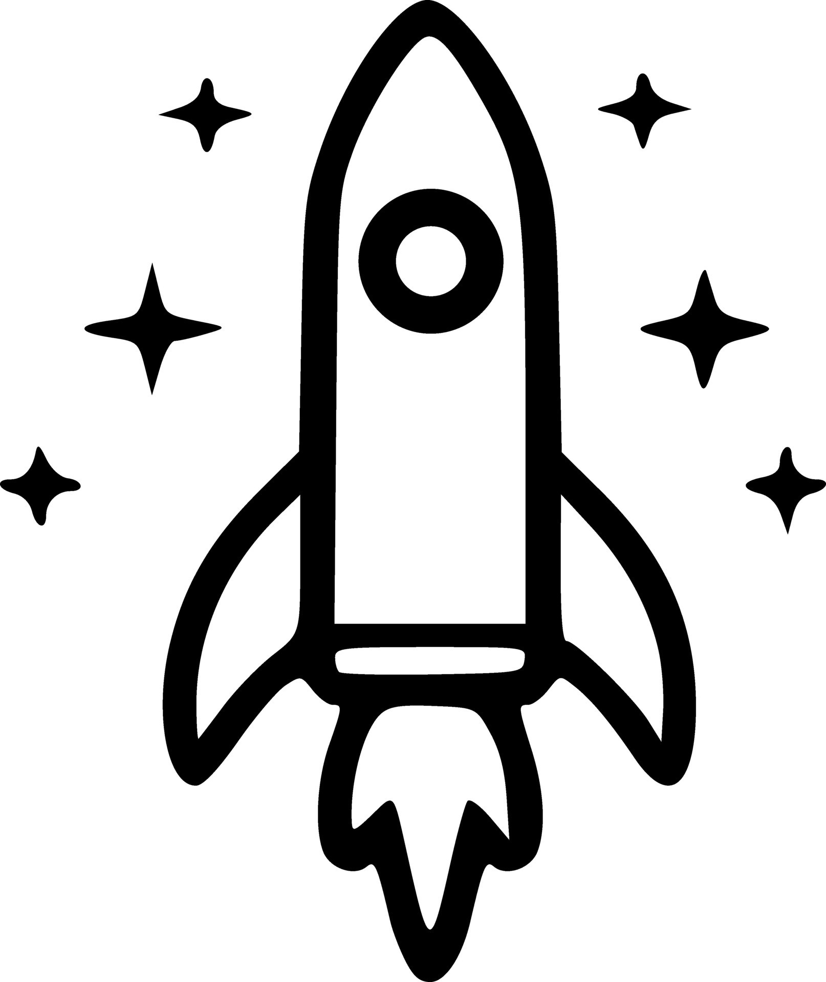 Rocket launch with stars in the space icon black outlines vector