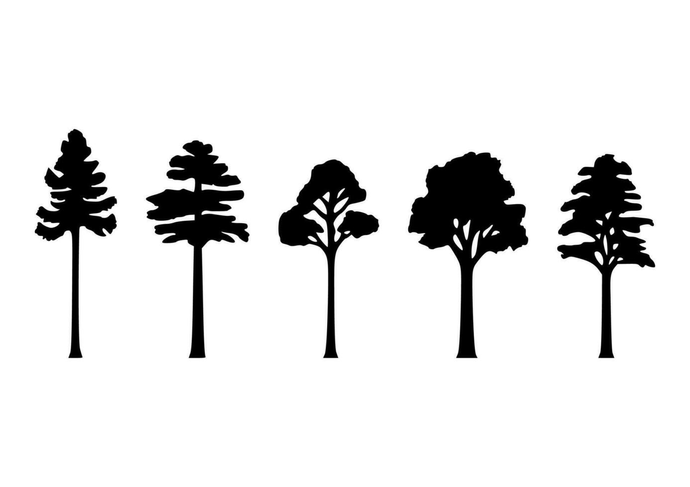 Set of tree silhouettes with leaves transparent vector illustrations