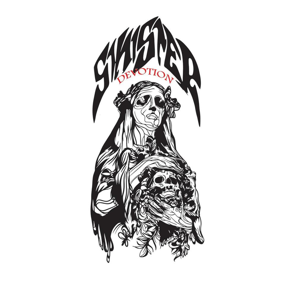 women and skull on hand with flower,sinister devotion vector