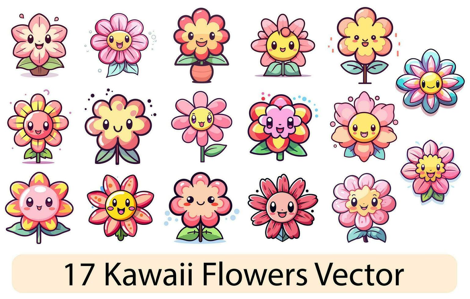 Kawaii Flower vector illustration set, cute flower vector art collection